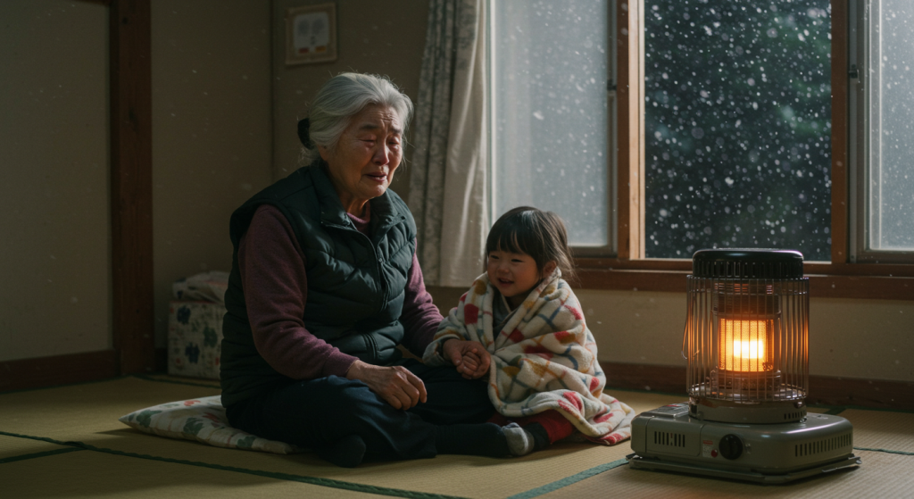 겨울 날, 담요를 덮고 난로 앞에 앉은 할머니와 손녀