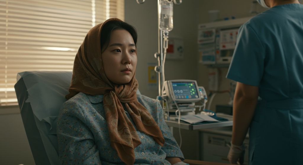 항암 치료실에서 두건을 쓴 채 조용히 투병 중인 한국 여성
치료의 어려움과 극복 과정에 대한 현실적인 묘사로, 독자에게 투병의 무게감을 전달합니다.