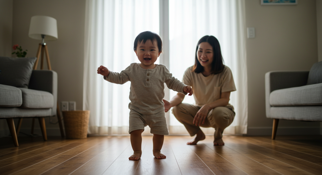 밝은 아침 햇살 속 엄마에게 첫걸음을 내딛는 한국 유아