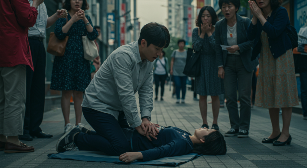 도심 인도 위에서 쓰러진 시민에게 심폐소생술을 하는 젊은 남성