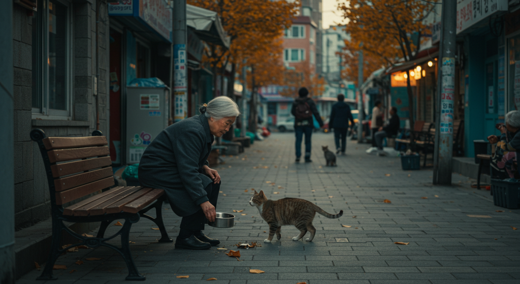 늦가을 서울 주택가 광장에서 고양이를 위해 사료를 두는 노년 여성