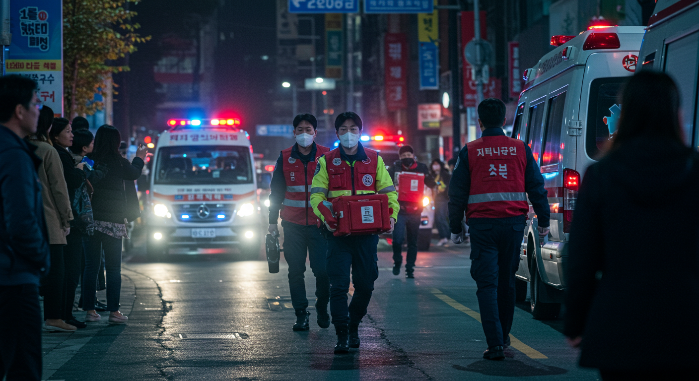 응급차가 도착하고 구조대원이 AED를 들고 환자에게 접근하는 장면
