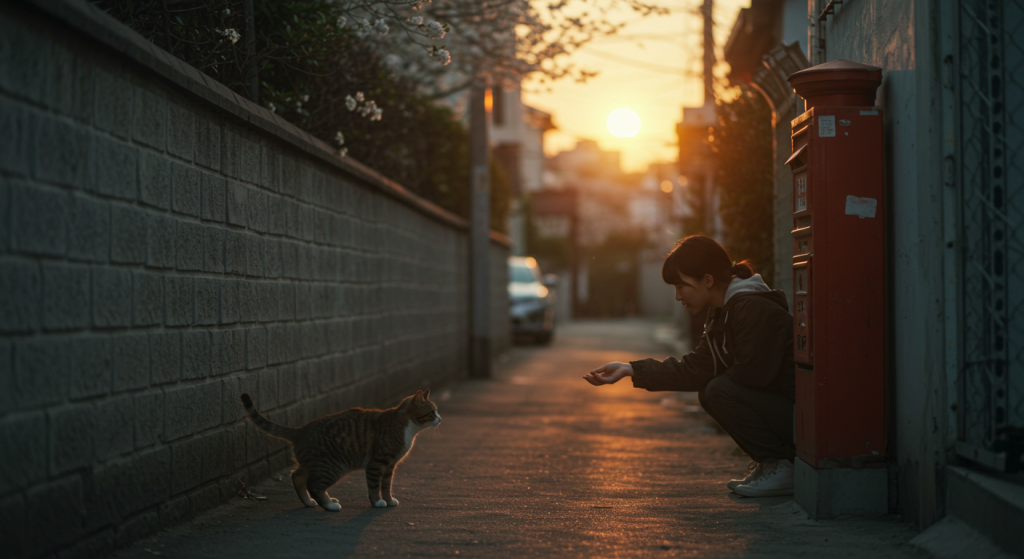 서울 주택가 벽 옆에서 사료를 건네는 손을 경계하며 다가가는 길고양이