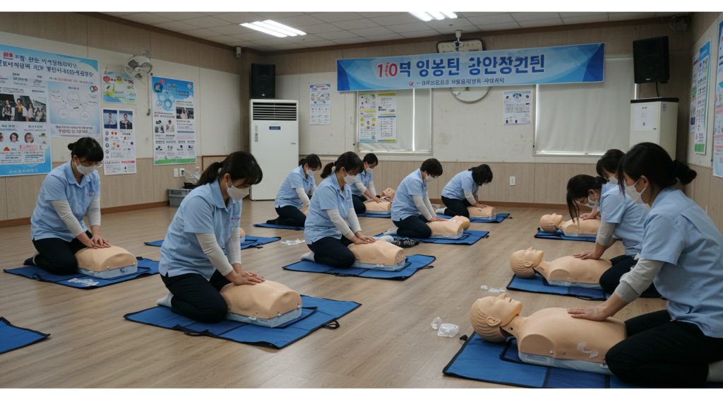 한국의 지역 커뮤니티 센터에서 CPR 교육을 받는 시민들