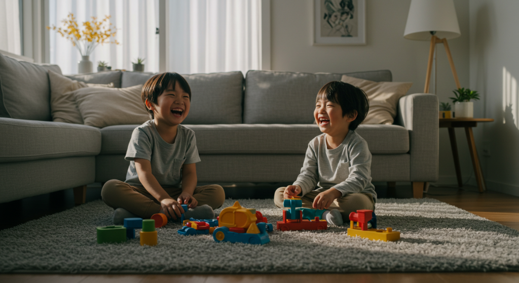 서울 아파트 거실에서 함께 웃으며 장난감을 갖고 노는 형제