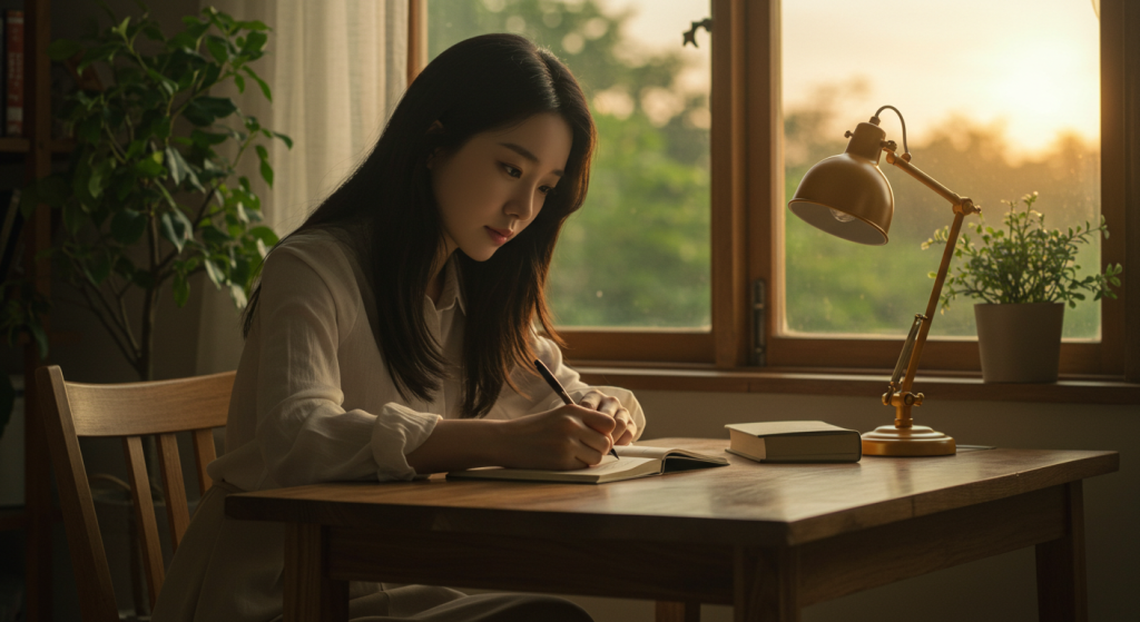 창가 책상에서 일기장을 펼치고 새로운 다짐을 적는 한국 여성