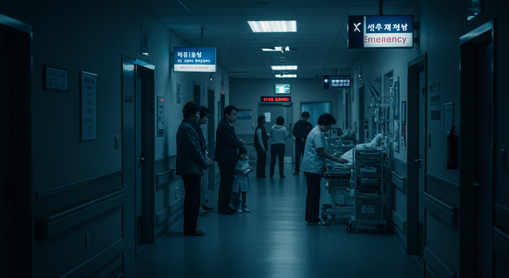 한국 병원 중환자실 앞에서 슬퍼하는 가족들의 밤 풍경