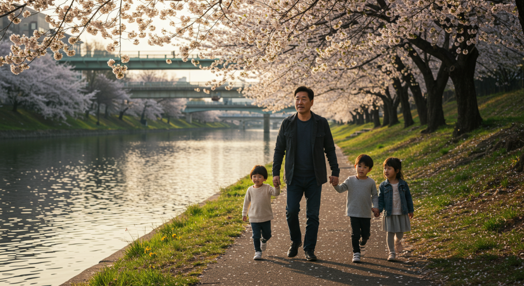 봄철 한강에서 자녀들과 산책하는 장기이식 수혜자
