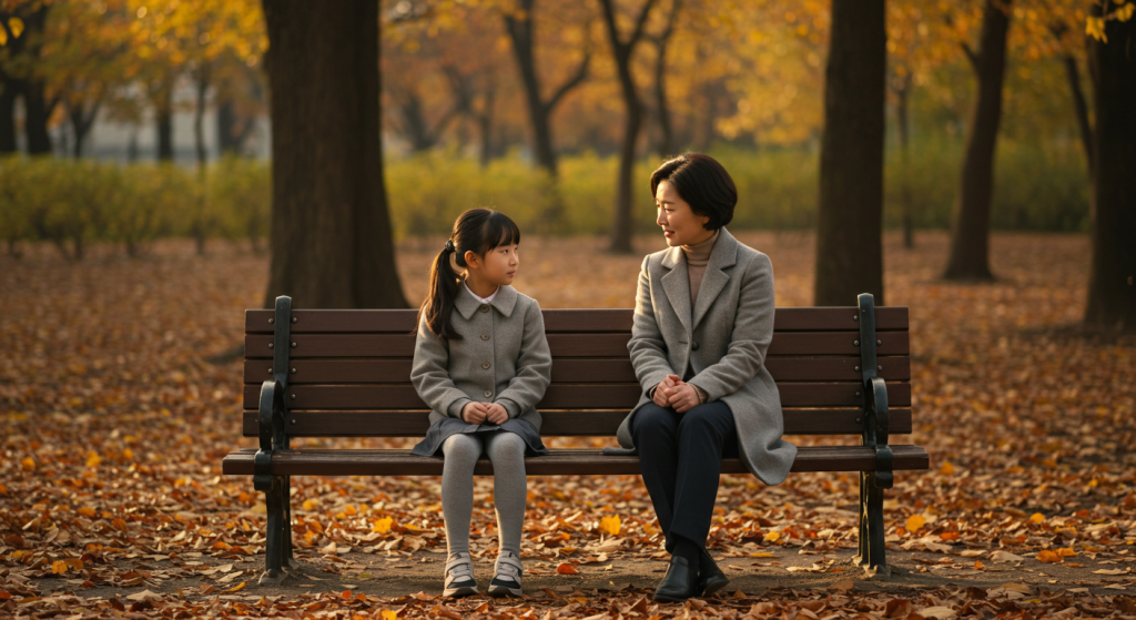 가을빛 공원 벤치에서 딸과 진지하게 대화하는 한국 엄마