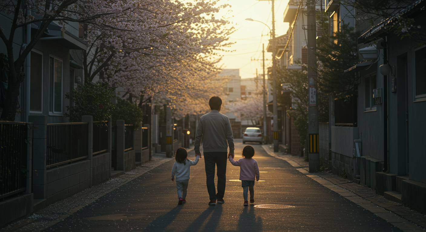 서울 주택가에서 봄 햇살을 받으며 손잡고 걷는 부모와 아이
