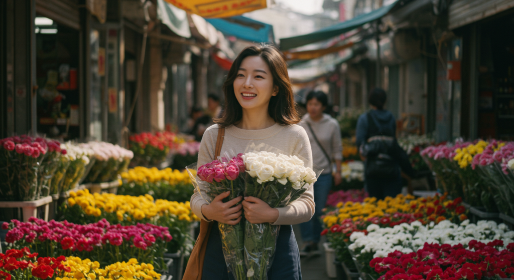 서울 꽃시장 골목을 여유롭게 거닐며 미소 짓는 회복 후 한국 여성