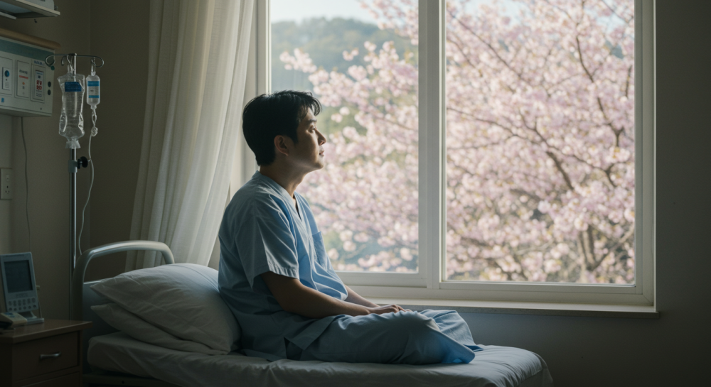 병실 창가에 앉아 벚꽃을 바라보며 회복을 생각하는 한국인 환자
