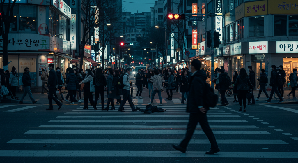 서울 저녁 출근길 횡단보도에서 갑자기 쓰러진 시민을 바라보는 사람들