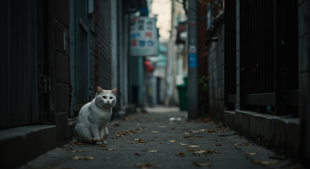 초겨울 서울 골목에서 조용히 앉아 있는 흰색 길고양이