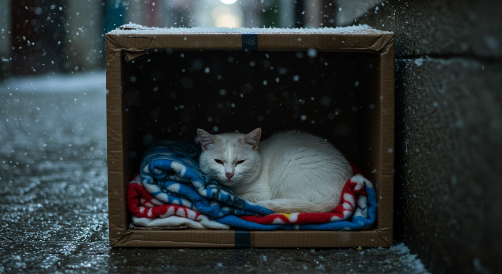 눈 오는 날, 담요를 덮고 박스 안에 누운 흰 고양이