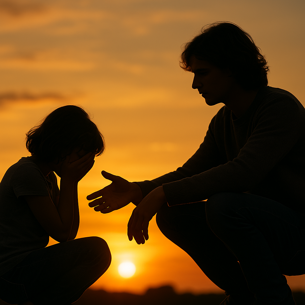 울고 있는 사람에게 손을 내미는 형제자매의 모습