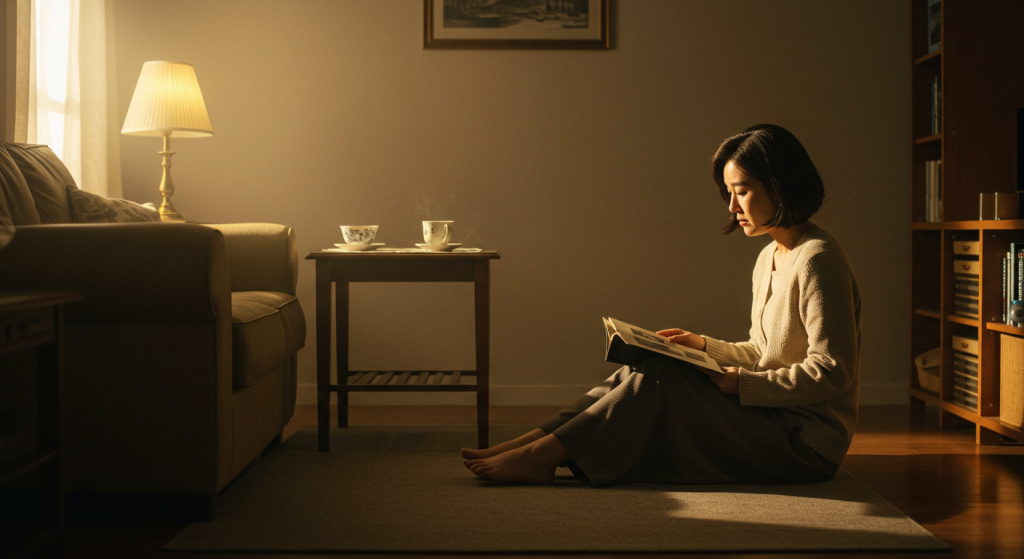 빈 의자와 휑한 거실
남겨진 인물이 방 한구석에 앉아 추억 회상