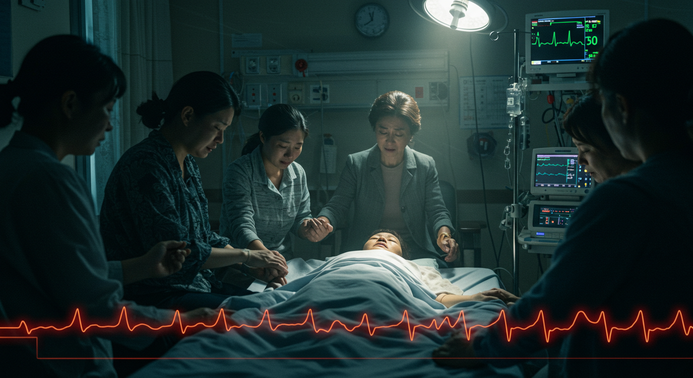 모니터의 심장박동이 점점 느려지는 장면