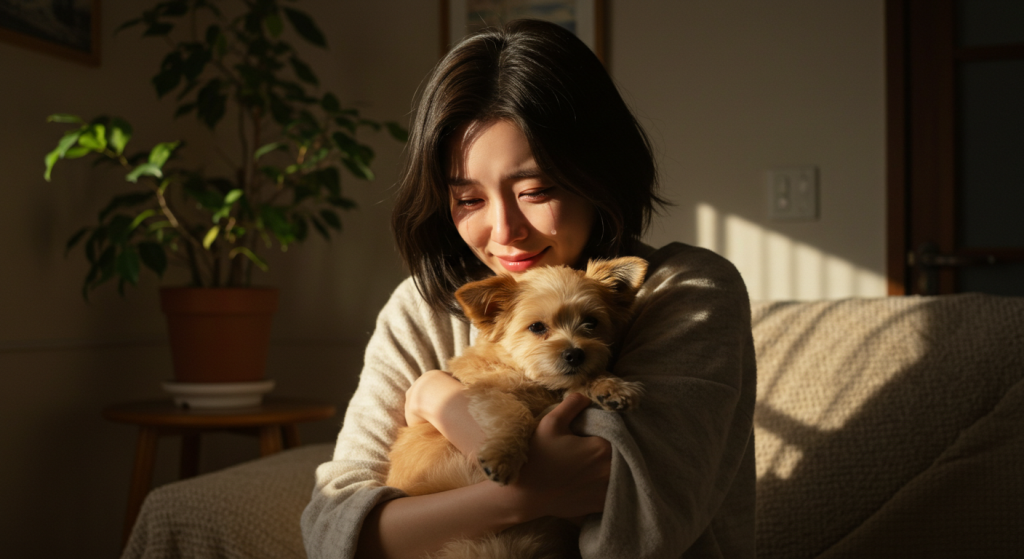 유기견을 품에 안고 있는 여성의 따뜻한 표정