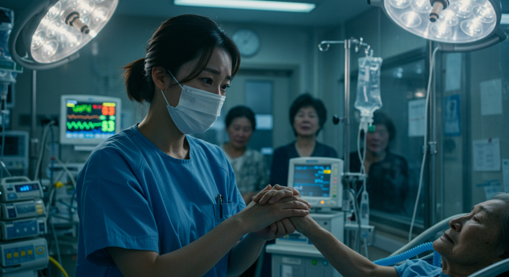 중환자실에서 환자의 손을 잡아주는 간호사