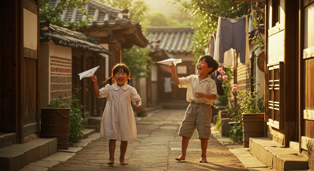 골목에서 종이비행기를 날리며 웃는 두 아이