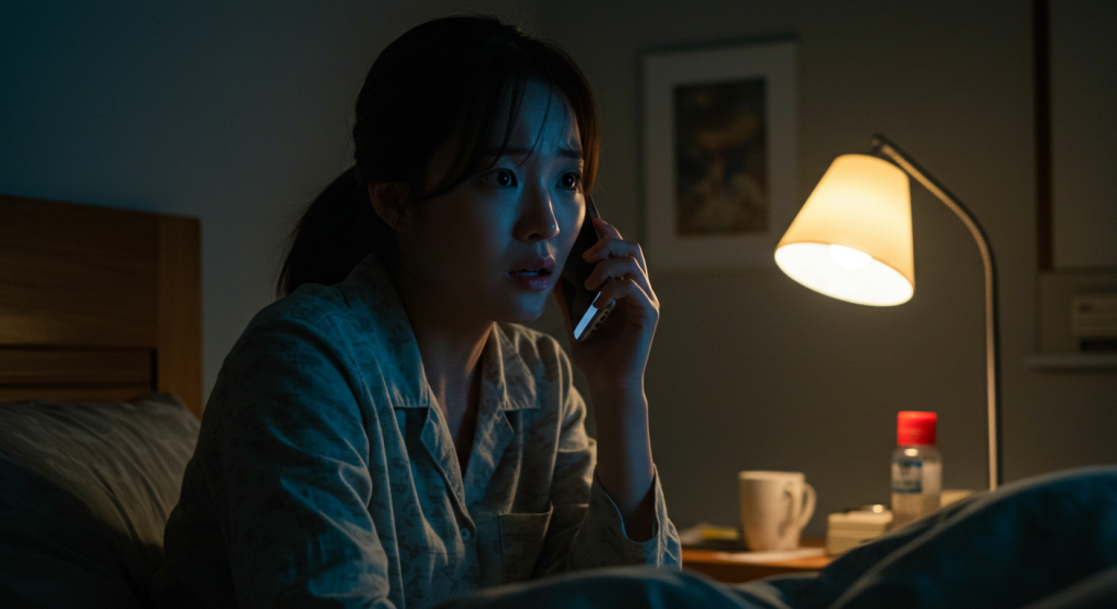 수화기를 든 인물의 놀란 얼굴